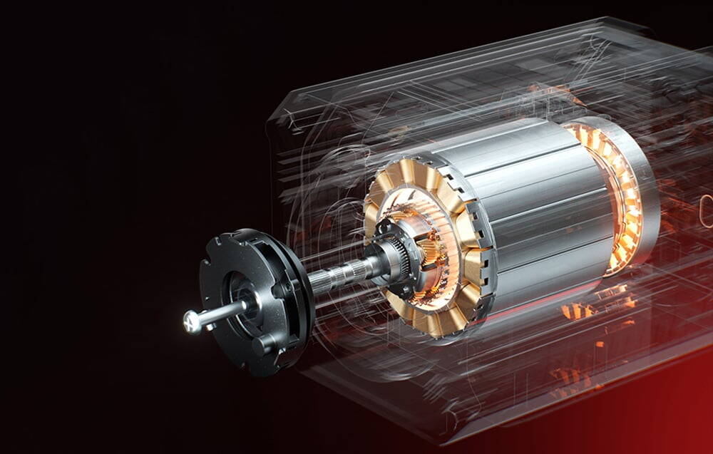 O vedere internă clară a motorului fără perii cu rotor și înfășurări