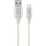 USB 2.0 (T) la USB 2.0 Type-C (T), 1m, premium, cablu cu impletire din bumbac, argintiu cu insertii albe
