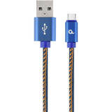 USB 2.0 (T) la USB 2.0 Type-C (T), 1m, premium, conectori auriti, cablu cu impletire din bumbac, negru cu insertii galbene (Jeans model), conetori albastri, "CC-USB2J-AMCM-1M-BL"