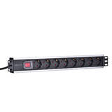 19" Rackmount 8-Way Power Strip - German Type, With On/Off Switch, No Surge Protection (Euro 2-pin plug)